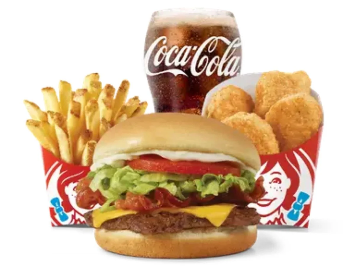 Wendy's JBC Jr Bacon Cheeseburger Biggie Bag complete combo setup