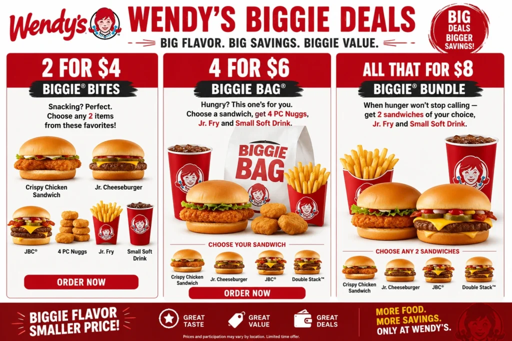 Biggie Deals value meal with burgers, nuggets, fries and soft drink