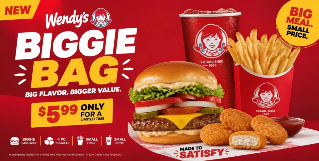 Wendys Biggie Deals guide showing sandwiches nuggets fries and drinks