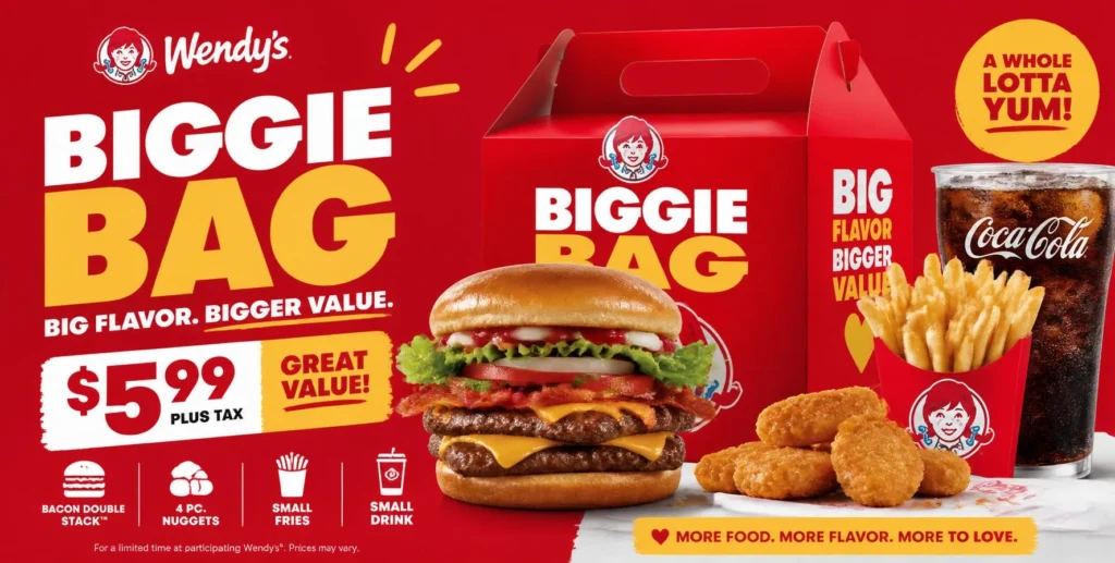 Wendys Biggie Deals menu featuring 2 for $4, 4 for $6, and $8 Bundle