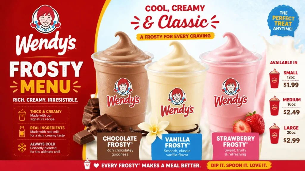 Wendy's Frosty flavors menu featuring chocolate vanilla and seasonal Frosty
