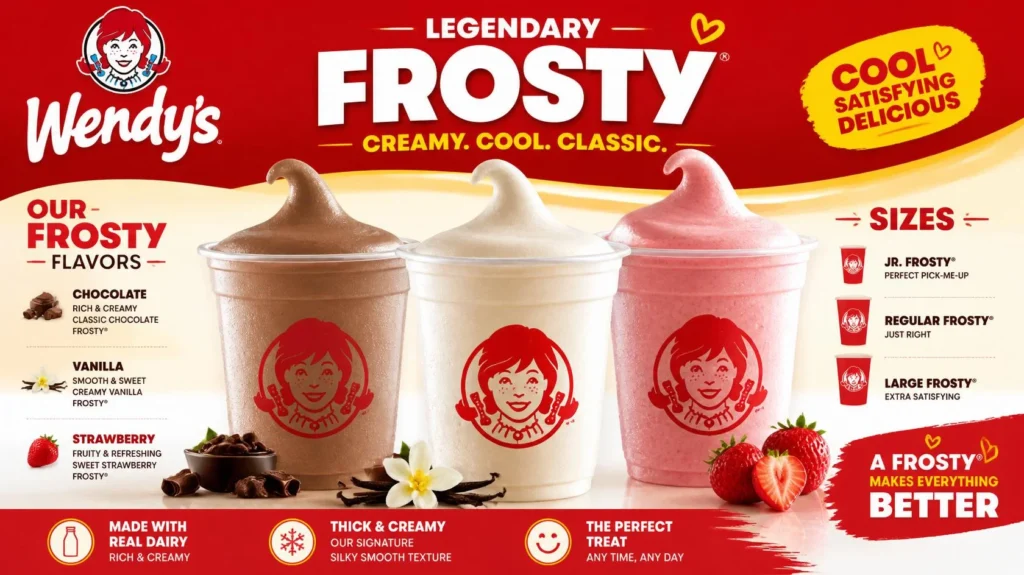 Wendy's Frosty menu with chocolate vanilla strawberry and seasonal flavors