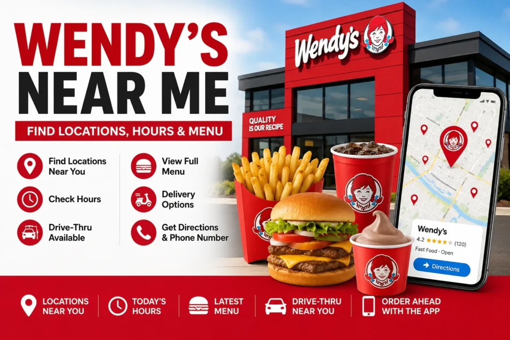 Wendy's Near Me 2026 featuring restaurant locations, menu, phone number, directions, and delivery options
