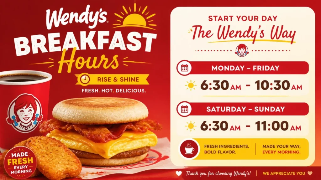 Wendys breakfast combo meal with potatoes, coffee, and morning menu items