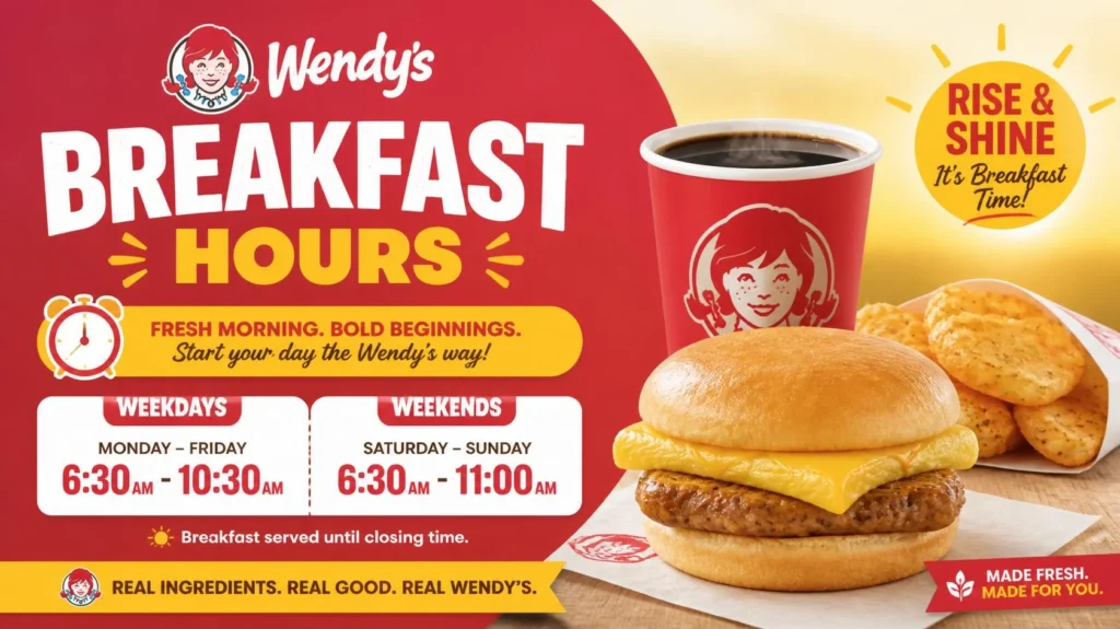 Wendys breakfast hours sign with popular breakfast sandwiches and drinks