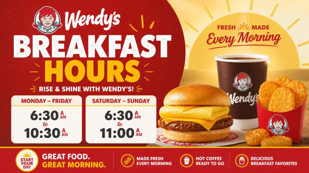Wendys breakfast menu with biscuits, croissants, coffee, and breakfast hours in 2026