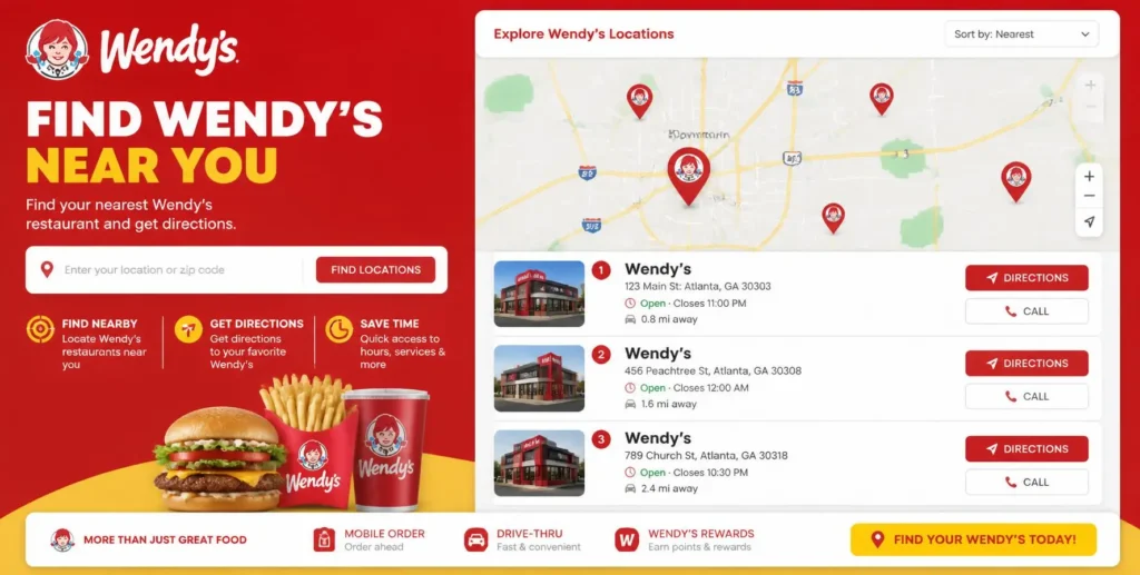 Wendy's near me guide showing restaurant locations, menu, hours, drive-thru, and directions (2026)