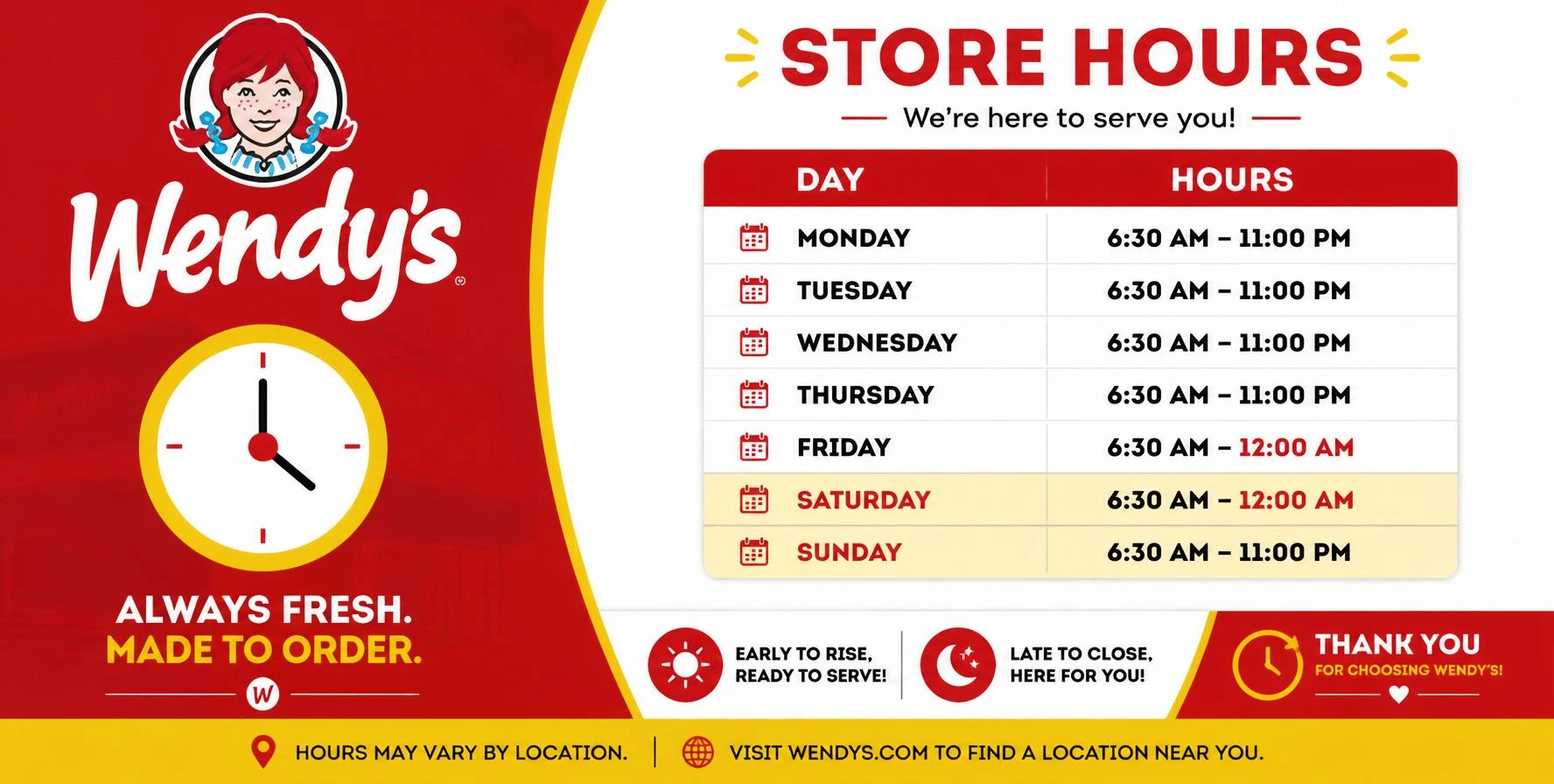 Wendys opening and closing hours guide 2026