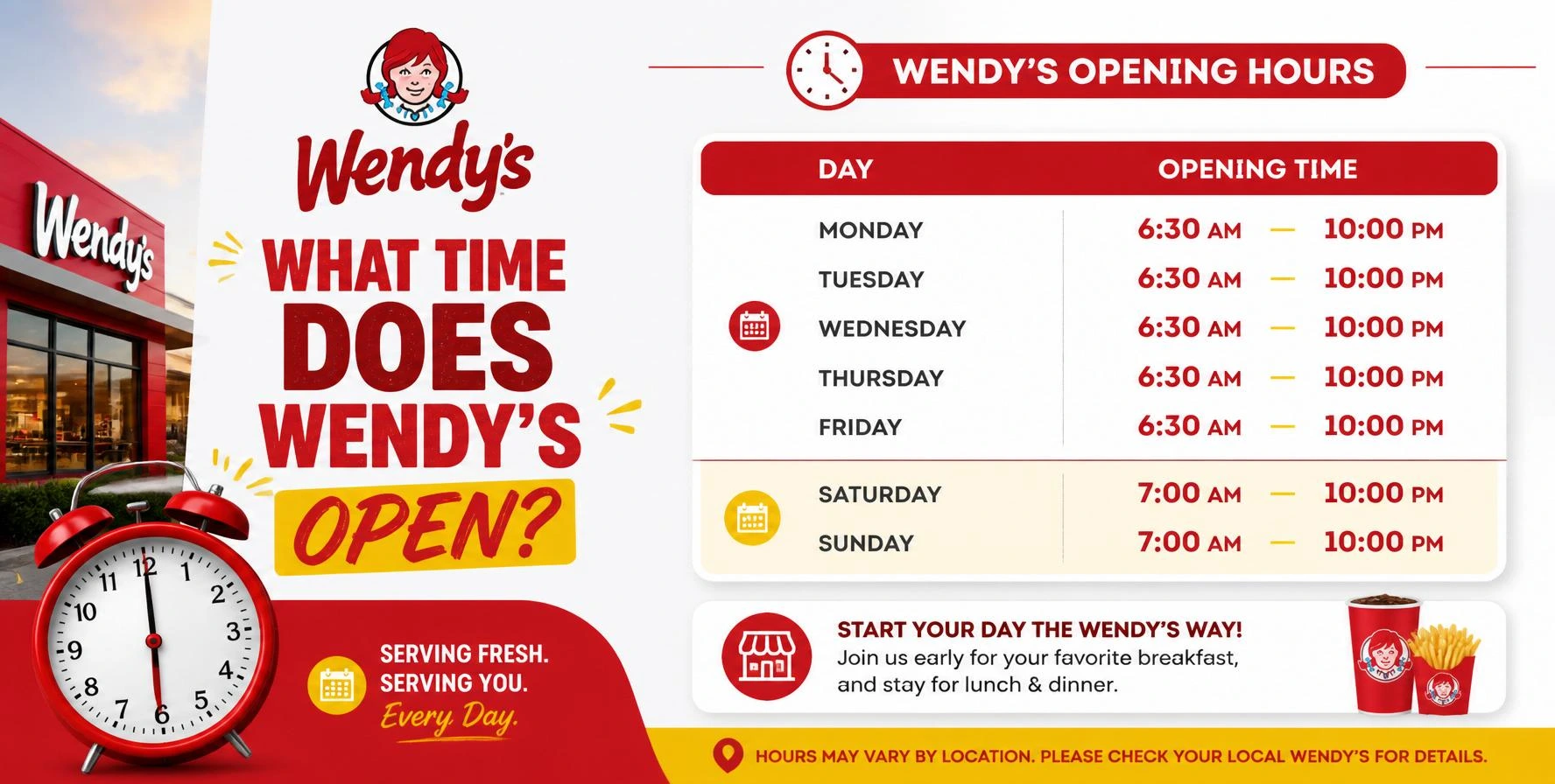 Wendys opening hours today including weekday and weekend schedule