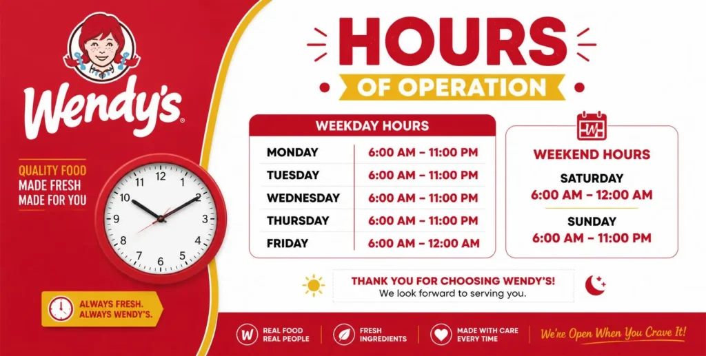 Wendy's restaurant hours with breakfast and drive-thru schedule