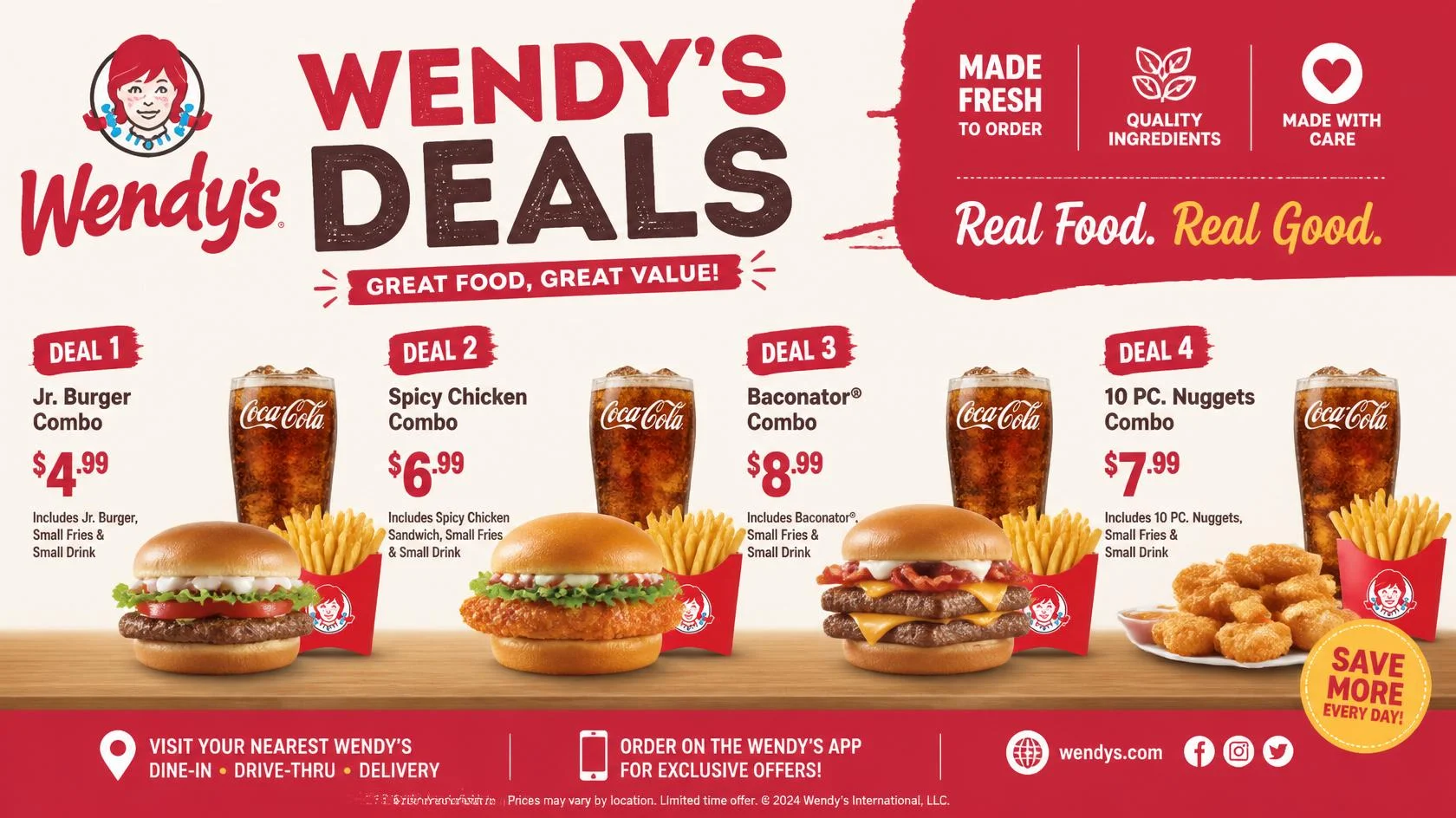 Wendys Deals Today showing latest offers, Biggie Deals, discounts, and value menu options