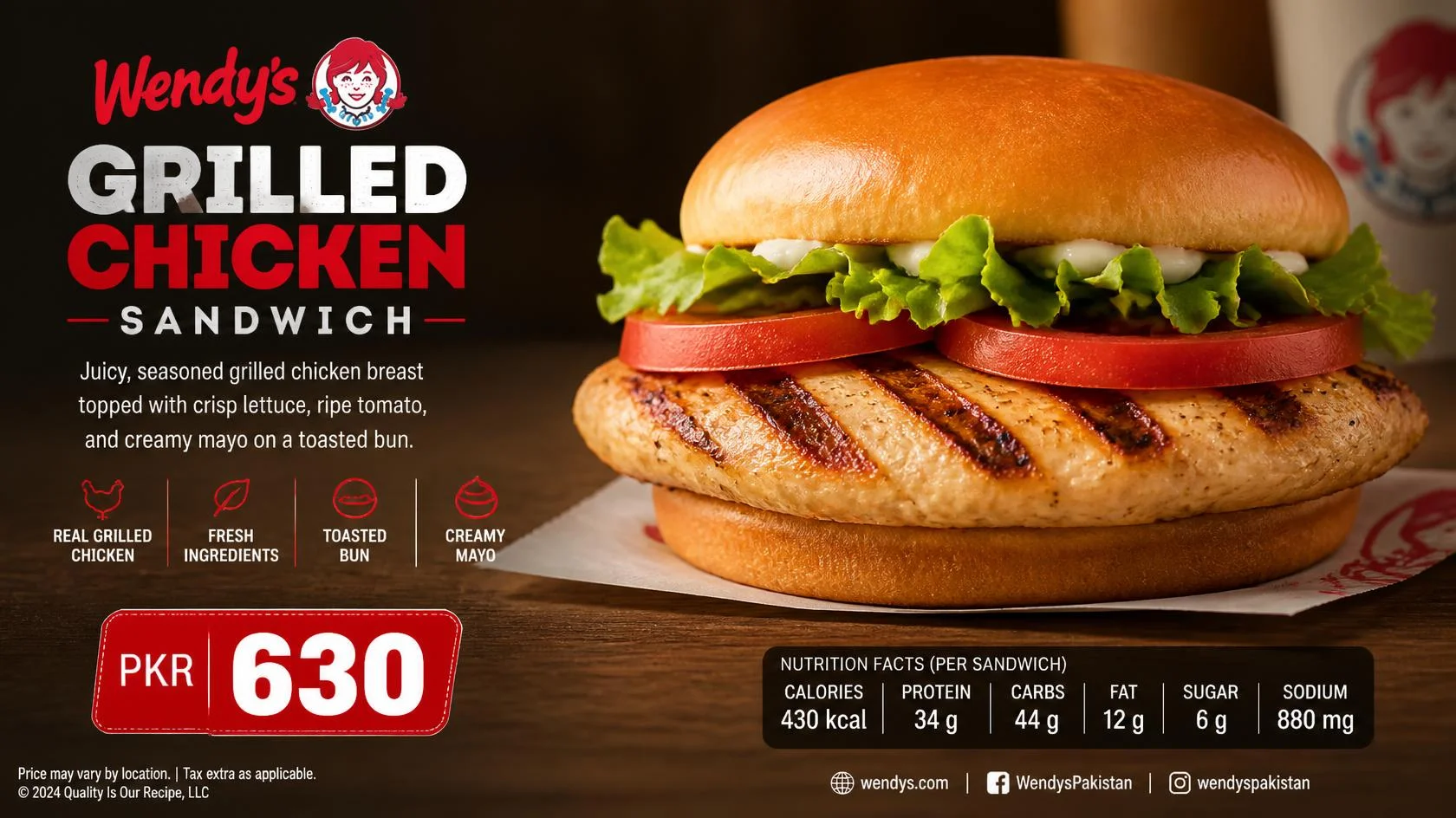 Wendys Grilled Chicken Sandwich with fresh lettuce and tomato showing price, calories, and nutrition facts