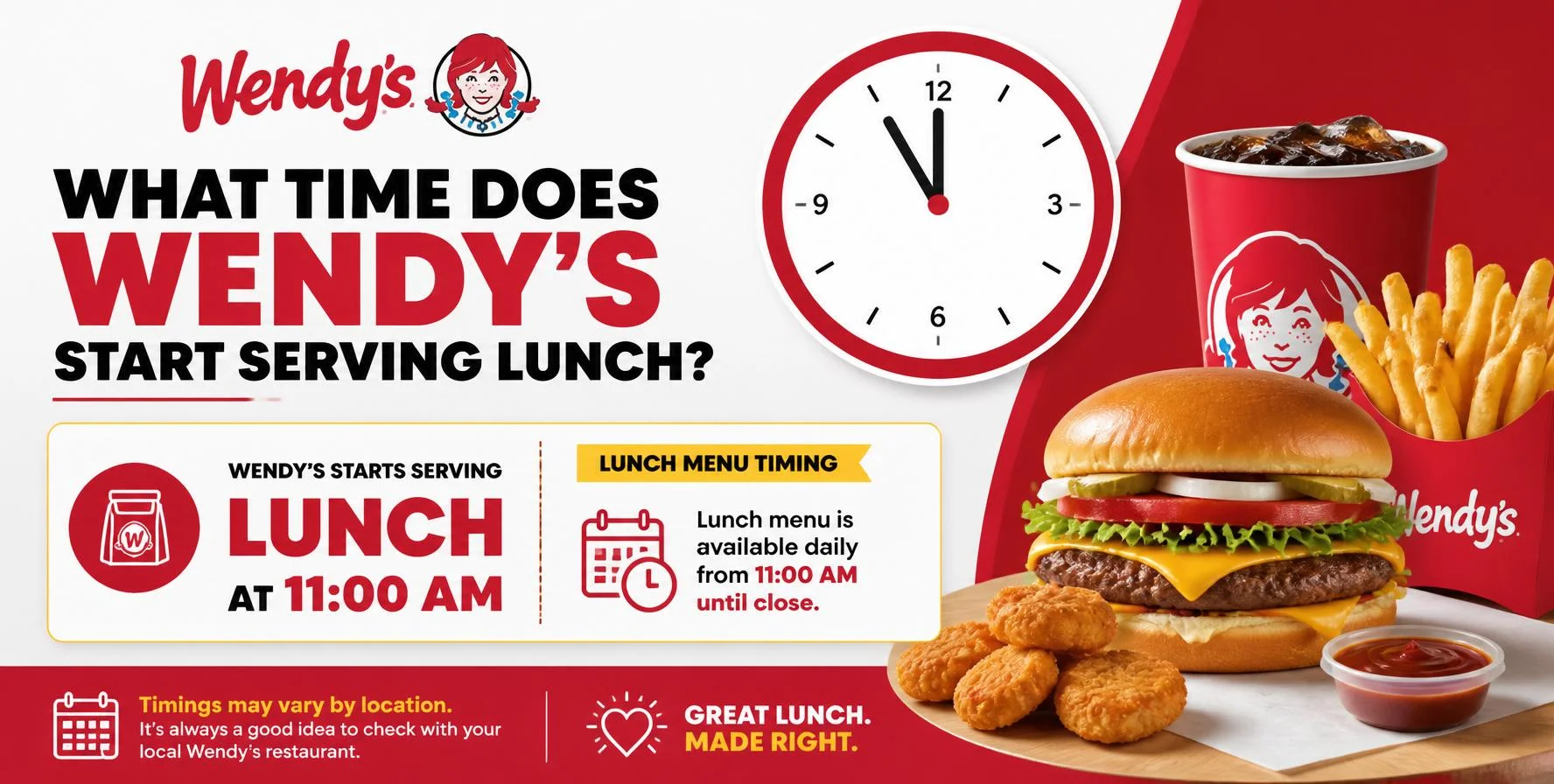 Wendy's lunch hours showing when lunch starts, popular menu items, and weekend schedule