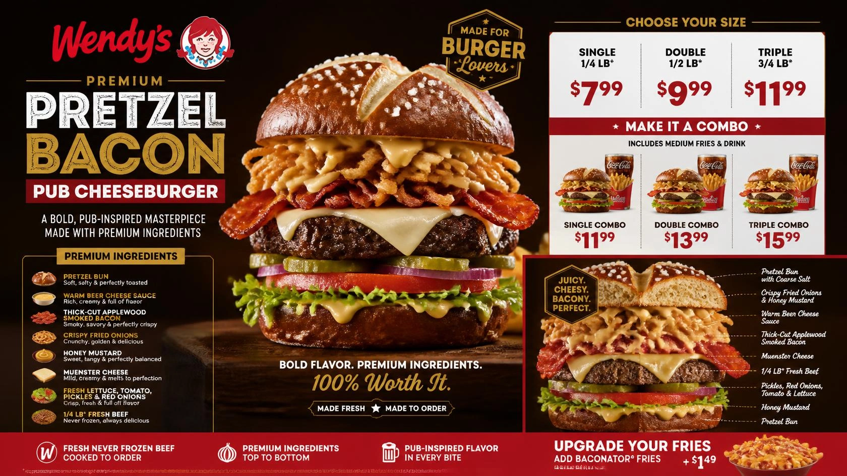 Wendy’s Pretzel Bacon Pub Cheeseburger with pretzel bun and bacon