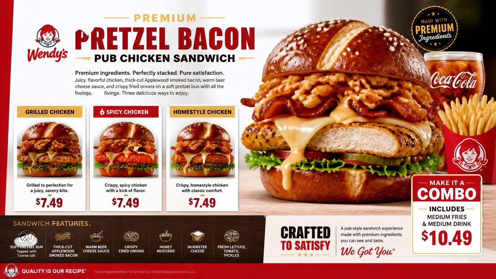 Wendy’s Pretzel Bacon Pub Chicken Sandwich on a soft pretzel bun